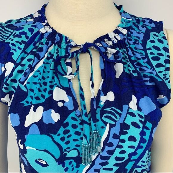New Escapada Living Aegean Blue Fish Print Drawstring Neck Casual Beach Top [xs] - Picture 2 of 9